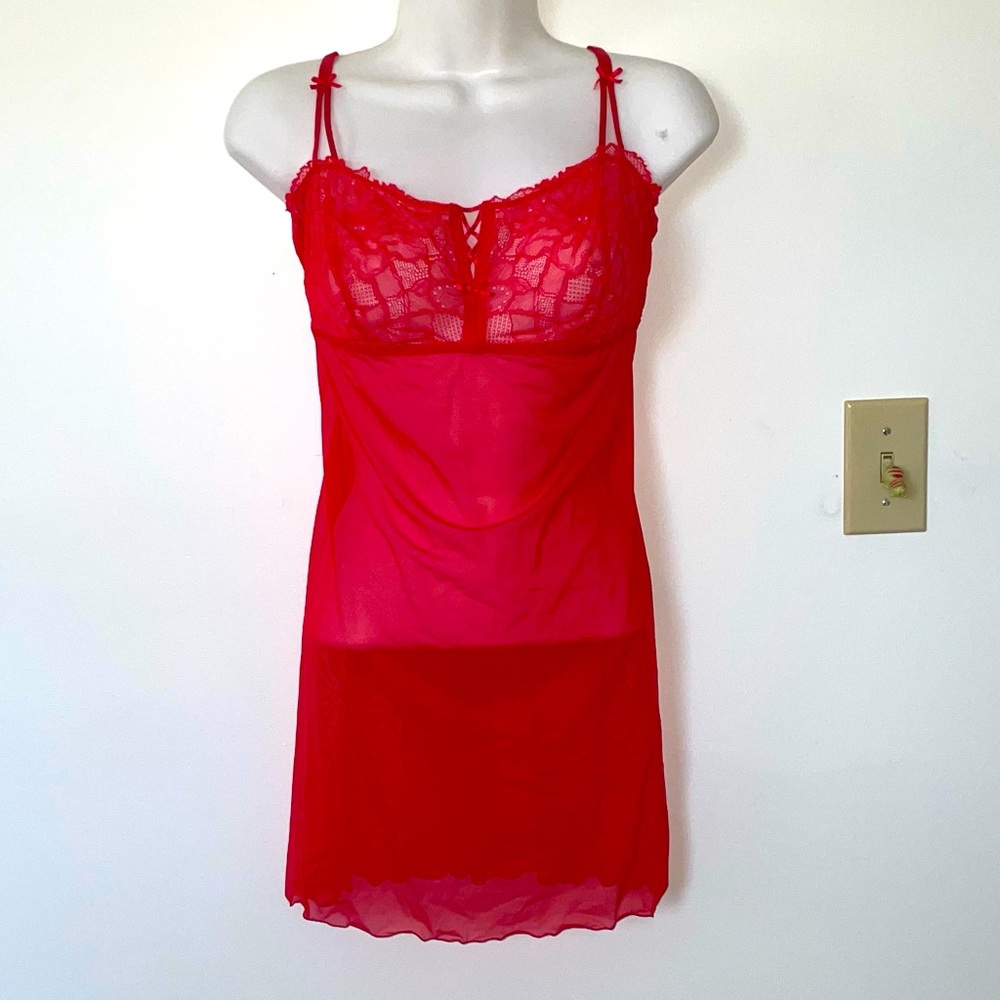Red Sheer Slip Dress with Red Lace